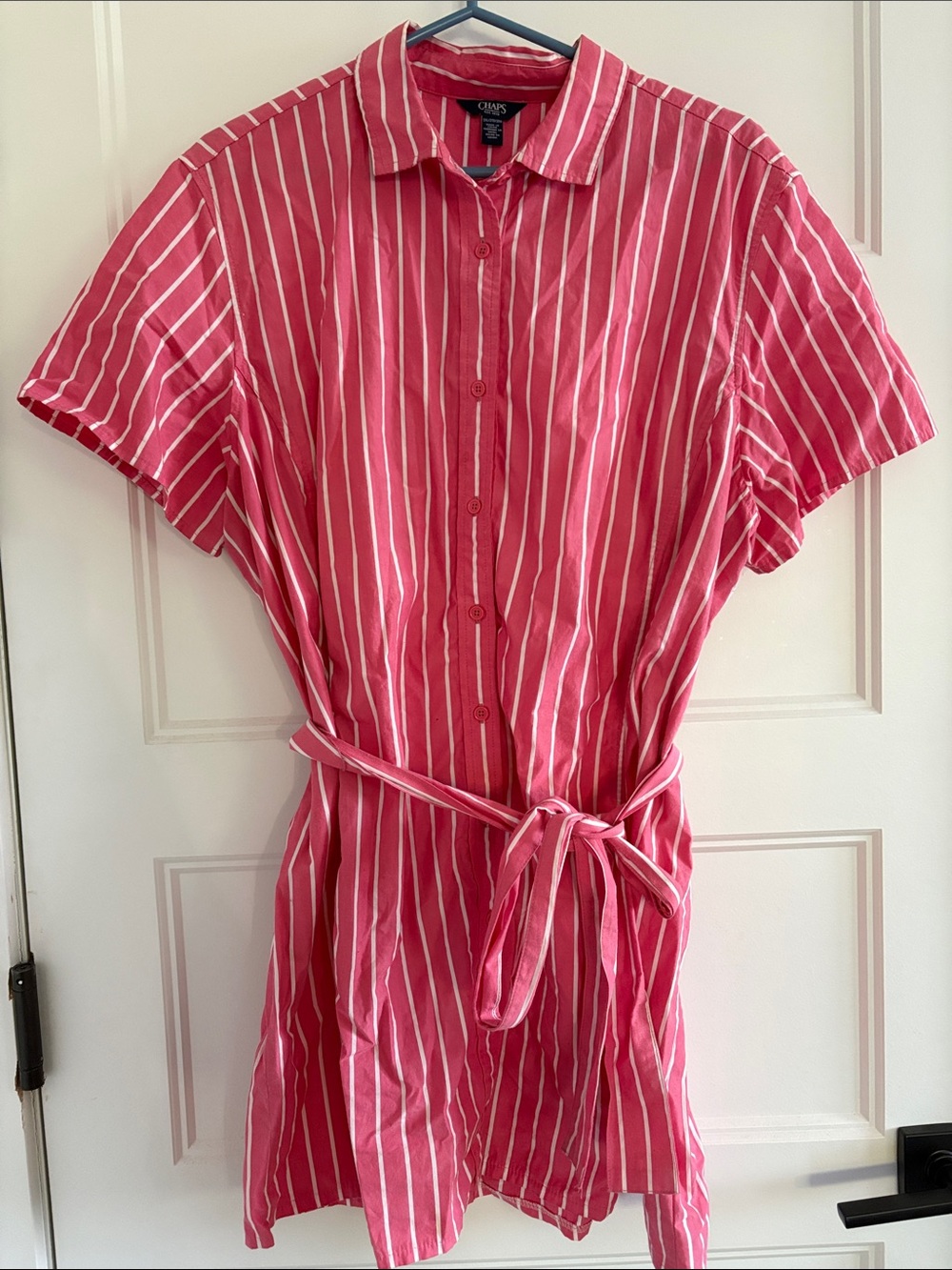 Chaps Pink and White Vertical Stripe Shirt Dress with Tie